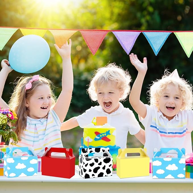 24Pcs Cartoon Story Birthday Party Favor Boxes for Toy Inspired Game Story Party Decorations Cow Print Sky Blue Cloud Treat Boxes Toy Party Goodies Boxes for Kids Baby Shower Party Supplies 5.9×5.9×3