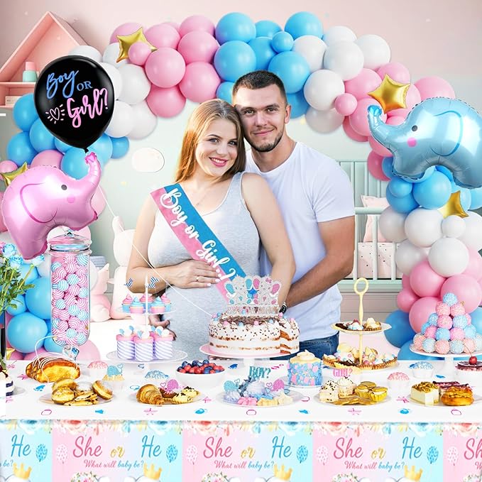 172 PCs Elephant Gender Reveal Decorations, Hombae Boy or Girl Gender Reveal Decorations What Will Baby Be Backdrop Balloon Garland Banner Tablecloth Cake Cupcake Topper Box Cutout Poster Sash