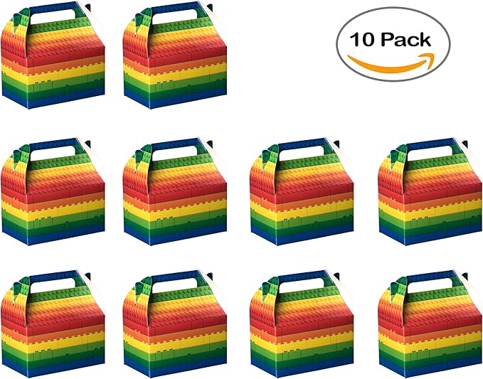 Hammont Paper Treat Boxes - (10 Pack) - Party Favors Treat Container Cookie Boxes Cute Designs Perfect for Parties and Celebrations 6.25" x 3.75" x 3.5" (Brick Toy)