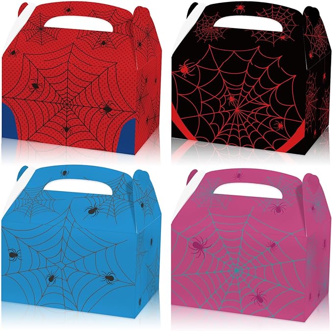 Beehaam 24 Pack Spider Party Favor Treat Boxes, Spider Web Theme Gable Gift Bags | Large Candy Goodie Cake Snack Paper Bags for Happy Birthday Baby Shower Party Decorations Supplies