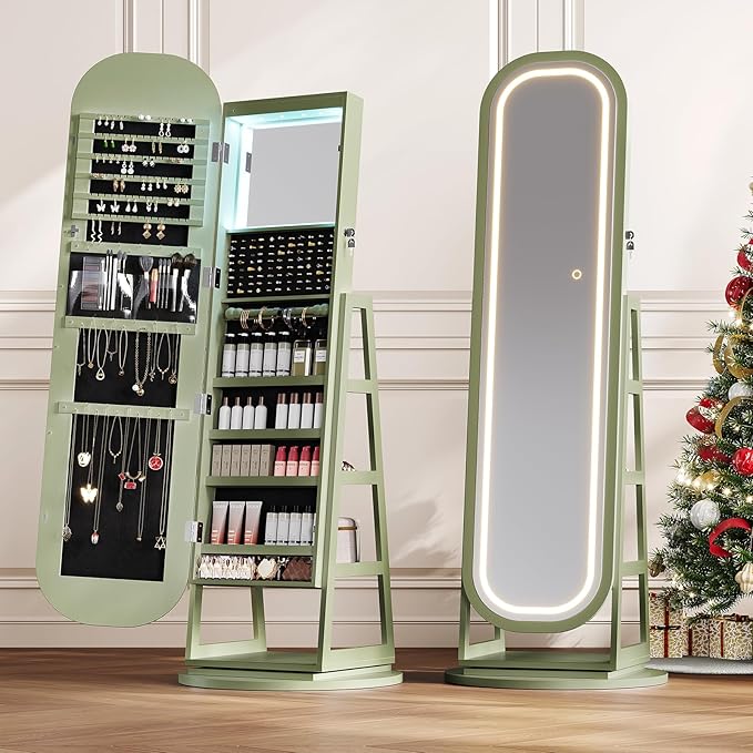 360° Swivel Jewelry Mirror Cabinet with Lights, Inside Makeup Mirror, Standing Jewelry Armoire Organizer, Rotatable Full-Length Mirror with Jewelry Storage, Lockable with Back Storage Shelves (Green)