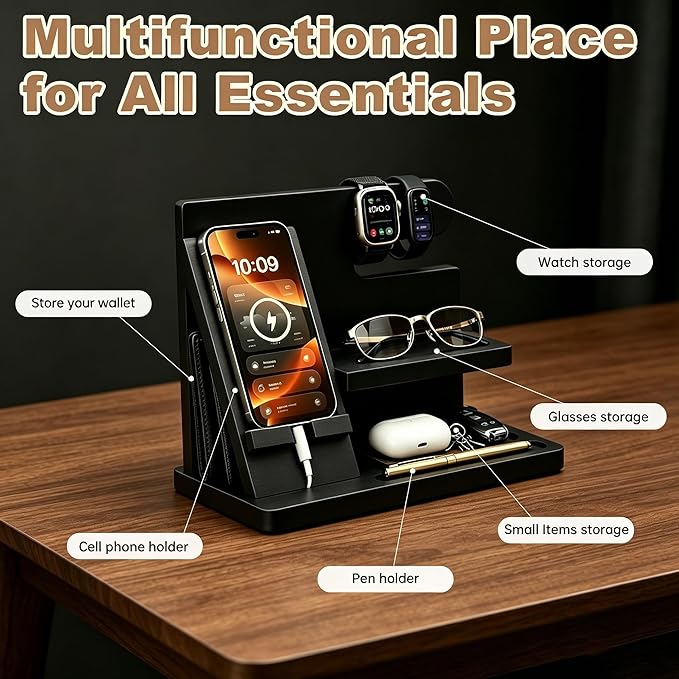 Gifts for Men Wood Phone Docking Station Birthday Gift for Men Valentines Day Gifts Father Gift for Him Boyfriend Nightstand Organizer Desktop Phone Stand Black