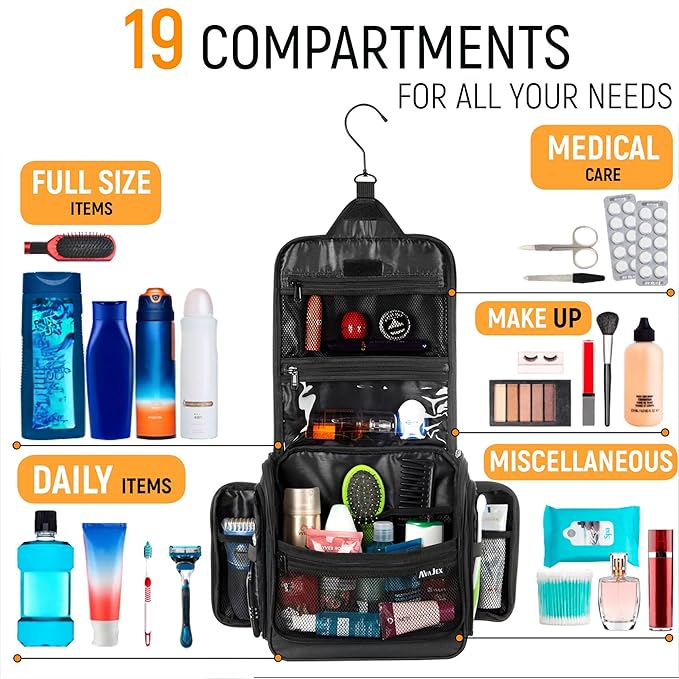 Travel Toiletry Bag for Men and Women - (10.6”x10.6”x3.2”) Large Hanging Toiletry Organizer - Waterproof Hygiene Bag with Metal XXL Swivel Hook, with Sturdy Zippers and 19 Compartments for Toiletries