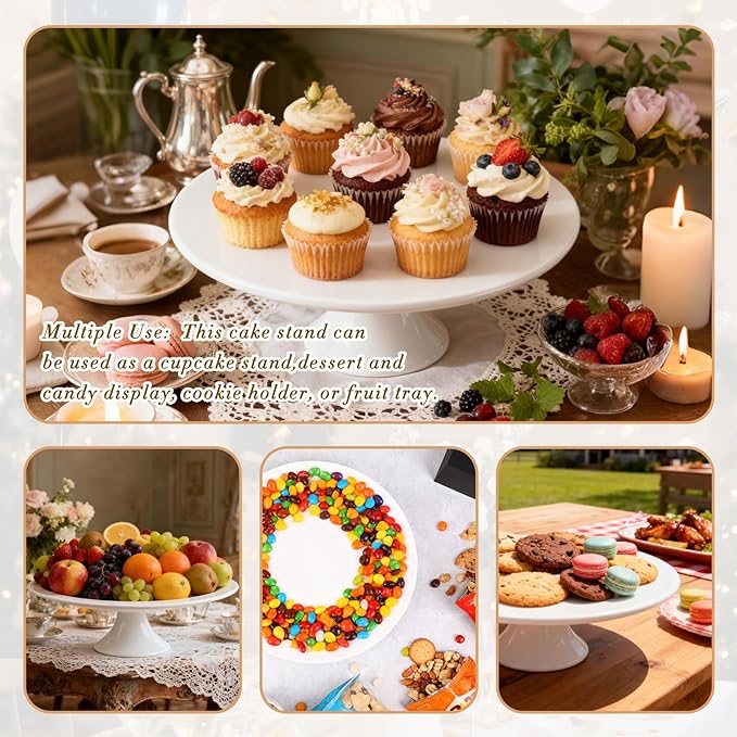 10 Inch White Porcelain Wedding Cake Stand with Knife and Server Set, Round Cake Plate Display Holder for Birthday, Baby Shower, Party Dessert Cupcake, Home Decorating Stand