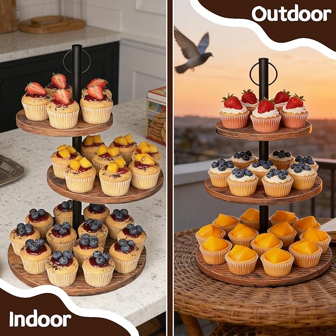Cupcake Stand, 3 Tier Cake Stands Rustic Wood Cupcake Tower Round Tiered Tray Stand for Dessert Table Display, Industrial Wooden Serving Stand Wedding, Graduation and Baby Shower
