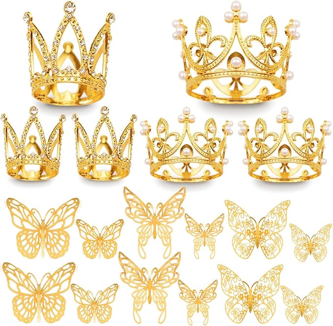 42PCS Mini Crown Cake Topper Mini Tiara with 3D Gold Butterfly Decoration Vintage Pearl Rhinestone Crown Cake Topper Cupcake Topper Cake Decoration for Birthday Wedding Anniversity Party Baby Shower