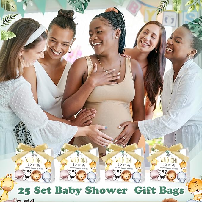 Spakon 25 Set Safari Baby Shower Party Favors Goodie Bag a Little Wild One Is on the Way Gift Jungle Animals Print Treat Bags with and Bow Ribbon Baby Shower Birthday Party Supplies