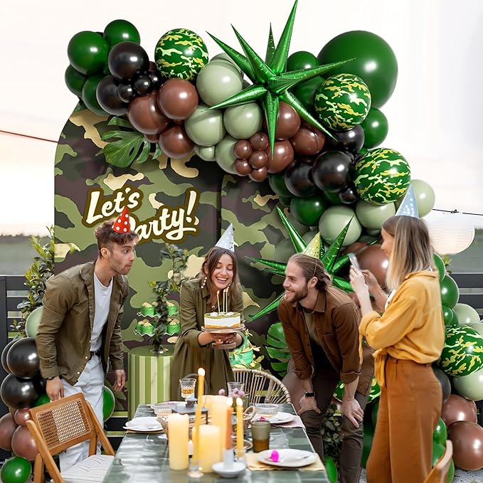 137pcs Camo Balloon Arch Garland Kit, Dark Green and Brown Balloon Arch Kit with Brown Sage Green Black Foil Balloons for Jungle Hunting Camo Birthday Party Decorations