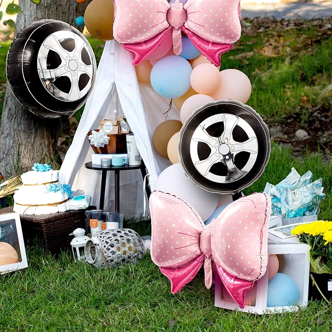 12 Pieces Burnouts or Bow Foil Balloons Black Car Wheel Gender Reveal Pink Polka Dots Balloons for Baby Shower Gender Reveal Wedding Birthday Party Decoration