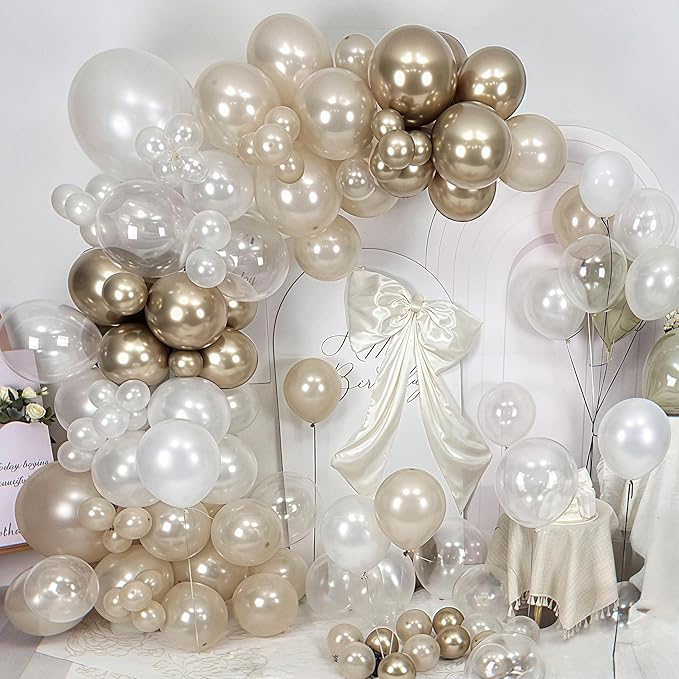 Pearl White Sand Metallic Light Gold Balloons Garland Arch Kit as Engagement Bridal shower Party Decorations, 18/12/10/5 in Different Size Pearl Cream White Clear Lvory Champagne Balloon for Wedding