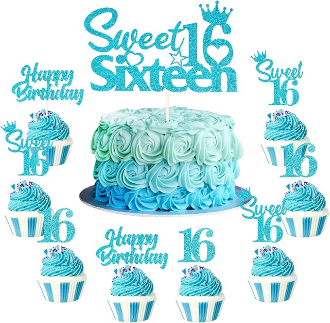 25 Pack 16th Birthday Cake Decorations, Sweet 16 Sixteen Cake Topper, Happy Birthday Sweet 16 Cupcake Toppers Teal Turquoise Blue for Boys Girls Happy 16th Birthday Party Supplies