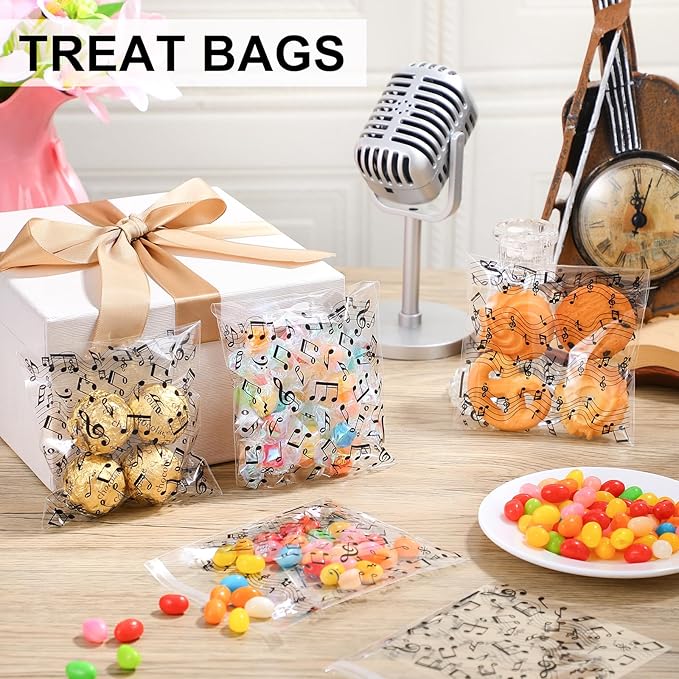 Supervitae 200 Pcs Music Notes Cellophane Cookie Bags Bulk 4 x 4 Inch Self Adhesive Treat Bags Treat Clear Goodie Gift Wrapping for Music Theme Party Favor Supplies Snacks Bakery Candy Packaging