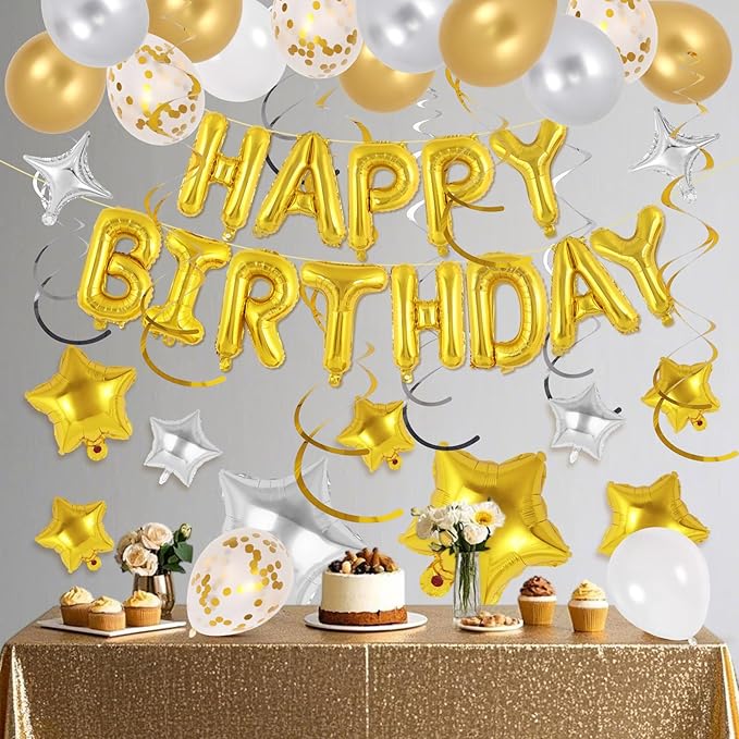 55 Pcs Happy Birthday Balloons Letters Banner with 35 Pcs Star Foil Balloon, 20 Pcs Latex Balloons, 6 Hanging Swirls for Women Men Boys Girls Birthday Party Decorations Set ﻿ (Gold)