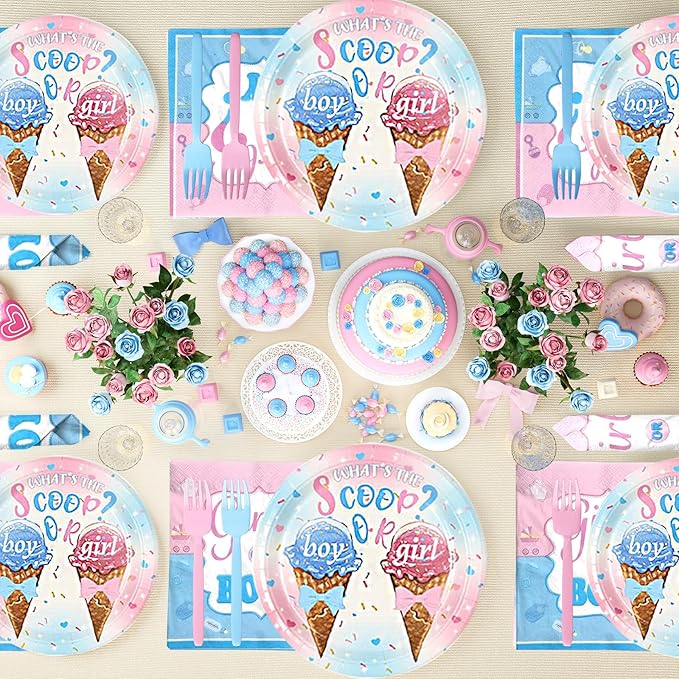 Whats The Scoop Gender Reveal Decorations, Ice Cream Boy or Girl Party Supplies, Pink and Blue Backdrop Banner Balloon Tablecloth Plate Napkin Cup Straw Knife Spoon Fork Sash 230 PCs