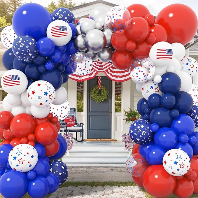166Pcs Red White and Blue Balloons Garland Arch Kit, Memorial Day 4th of July Party Decorations Nautical Patriotic Flag Star Foil Balloons for Independence Baby Shower Baseball Veterans Party Supplies