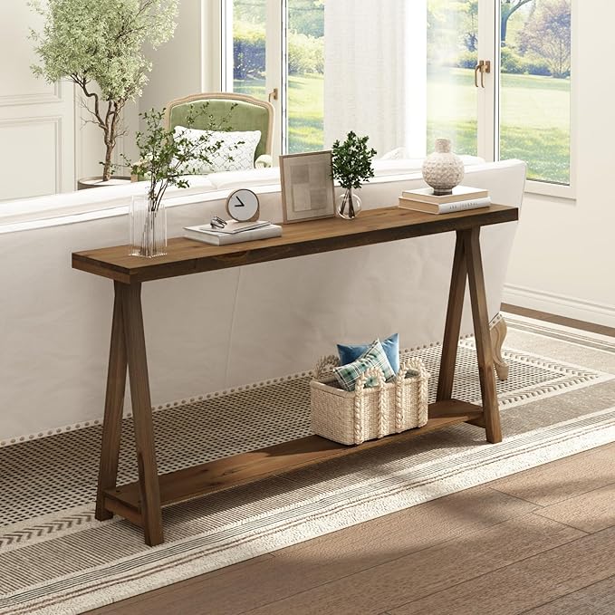 Farmhouse Console Tables for Living Room, 63" Solid Wood 2-Tier Sofa Table, Rustic Hallway Table for Entryway, Natural