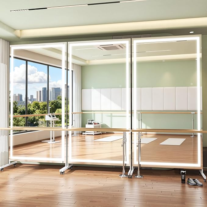 Hasipu 79" x 40" Full Length Mirror on Wheels with LED Light — Dimmable Warm/Natural/Cool, Shatterproof Tempered Glass, Wall Mountable, Rolling Dressing Mirror for Home Gym, Makeup, Yoga, Studio