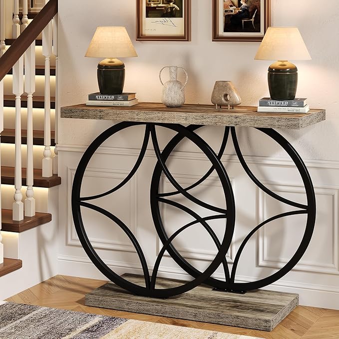 39.4" Entryway Table, Industrial Console Table for Entryway with Anti-Tilt Design, Narrow Wood Accent Sofa Table Behind Couch with Double Circle Base for Hallway, Living Room, Foyer (Industrial Grey)