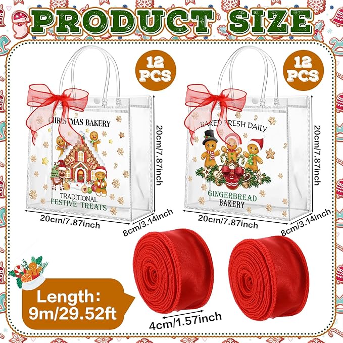 Motipuns 24 Pcs Clear PVC Gift Bags with Handles and Ribbon Party Favor Reusable Plastic Goodie Candy Treat Bags for Birthday Party Supplies(Gingerbread)