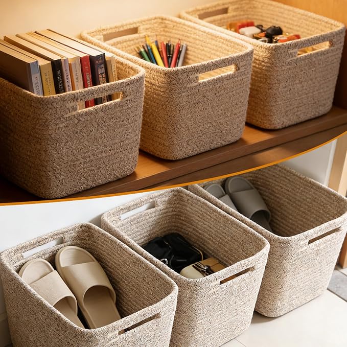 6 Pack Woven Rope Baskets,12.6"×9"×7.8" Storage Bins for Toys/Books/Towels/Clothes Organizer & Shelf Boxes,Gifts Baskets Empty for Nursery/Living Room/Nursery/Bedroom/Home Decor,Brown