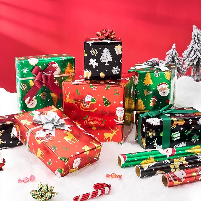 WERNNSAI Christmas Kids Wrapping Paper - 3 Rolls 17" x 120" Kids Christmas Foil Wrapping Paper Rolls Girls Boys Christmas Santa Wrapping Papers Christmas Birthday Gift Wrap Paper with Cutting Line