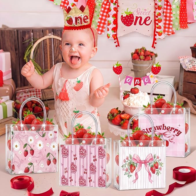 Teenyyou 24 Pcs Strawberry Clear Gift Bags Transparent PVC Tote Bags with Handles Reusable Strawberry Print Goodie Container for Theme Party, Birthday, Baby Shower, Wedding