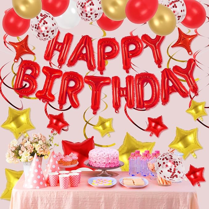 55 Pcs Happy Birthday Balloons Letters Banner with 35 Pcs Star Foil Balloon, 20 Pcs Latex Balloons, 6 Hanging Swirls for Women Men Boys Girls Birthday Party Decorations Set ﻿ (Red)