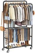Clothes Rack - 4-Bar Double Rod Clothing Rack with 15 Pants Racks - Rolling Clothes Rack with Shelves - Portable Garment Rack for Bedroom Laundry Room Closet - Black
