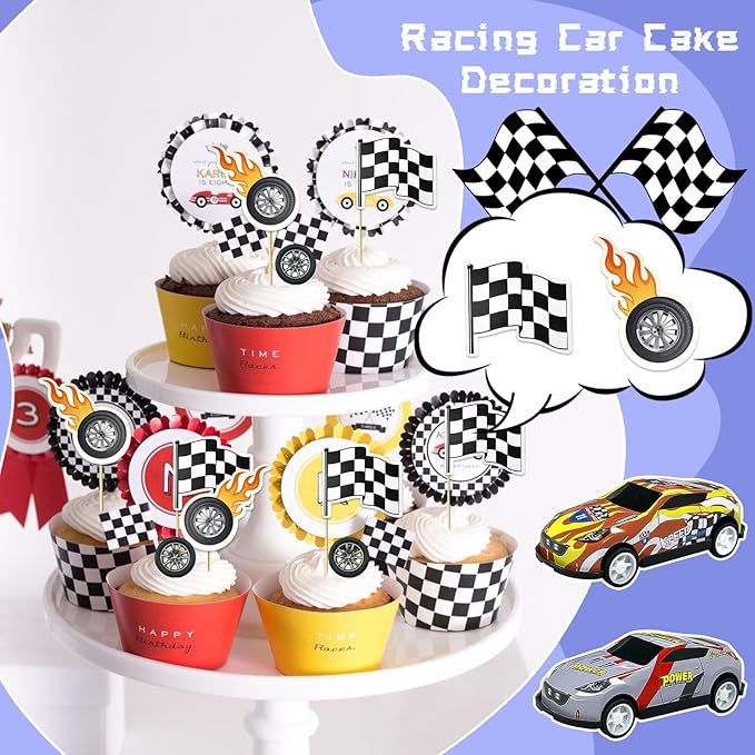MEMOVAN Race Car Birthday Cake Decoration 24PCS Racing Car Cake Toppers Checkered Flag Cars Cake Cupcake Decorations for Man Boy Kid Racing Cars Theme Birthday Supplies Party Favors