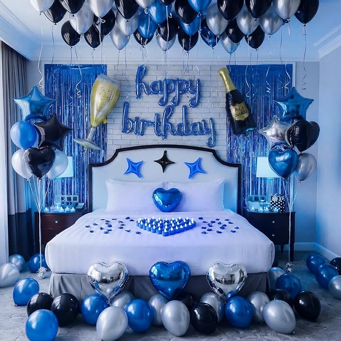 Realspring 120 Pcs Happy Birthday Decorations Set Balloons Letters Banner with Candle LED Light Champagne Bottle Wine Glass Rose Petals for Birthday Party Room Decor (Blue)