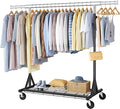 FAVOOSTY Heavy Duty Clothes Rack for Hanging Clothes, Rolling & Extending Clothing Rack with Wheels, Garment Coat Rack Freestanding, Portable Clothes Rack, Black