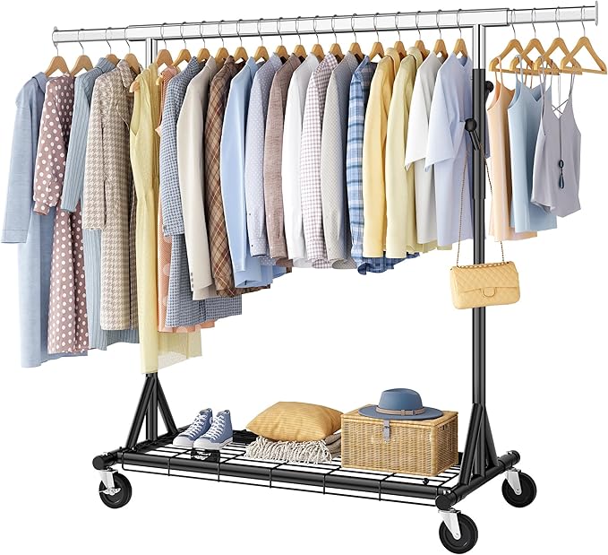 FAVOOSTY Heavy Duty Clothes Rack for Hanging Clothes, Rolling & Extending Clothing Rack with Wheels, Garment Coat Rack Freestanding, Portable Clothes Rack, Black