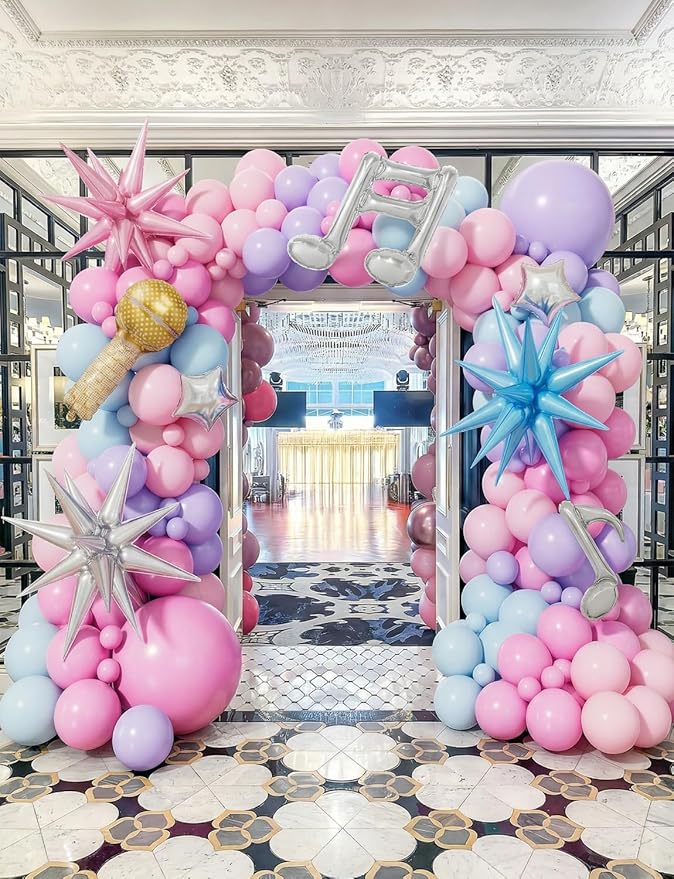 Pink Purple Blue Balloon Garland Arch Kit, Pastel Balloons with Microphone, Music Notes & Star Foil Balloons for Girls Birthday, Karaoke, Pop Music Theme Party Decorations