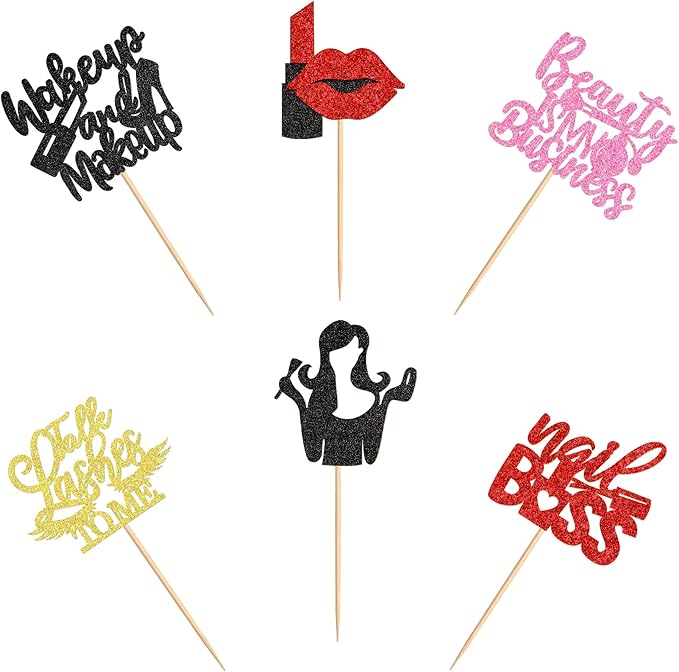 Ercadio 24Pcs Makeup Girl Cupcake Toppers Make-up Artist Cupcake Picks Beautiful is My Business Food Picks for Makeup Girl Birthday Cupcake Decors Cosmetics Make-up Party Supplies