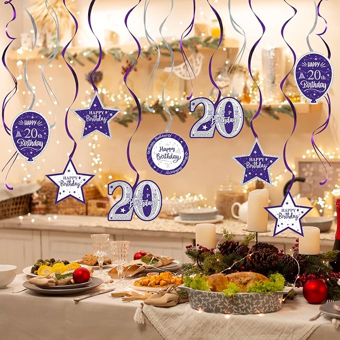 Happy 20th Birthday Purple & Silver Glitter Swirls Streamers Party Decorations - 15 Pcs 20th Birthday Hanging Swirls Streamers Kit,Cheers to Twenty Years Old Bday Party Sign.
