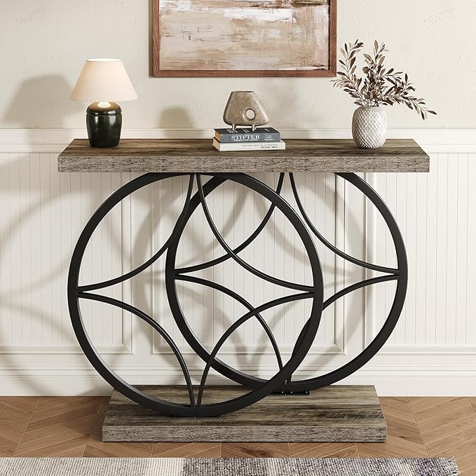 39.4" Entryway Table, Industrial Console Table for Entryway with Anti-Tilt Design, Narrow Wood Accent Sofa Table Behind Couch with Double Circle Base for Hallway, Living Room, Foyer (Industrial Grey)