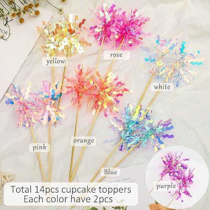 14PCS Foil Firework Cupcake Toppers, 7 Color Happy Birthday Cake Toppers, Sparkle Tinsel Flower Drink Stirrers Cocktail Food Fruit Toothpicks for Cake Decoration Party Supplies