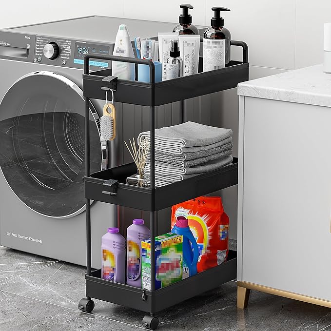 Ronlap 3 Tier Slim Rolling Storage Cart with Wheels Plastic Utility Cart Organizer for Snack Craft Art Postpartum Baby Diaper Nail Makeup in Bathroom Laundry Room Kitchen Bedside Narrow Space, Black