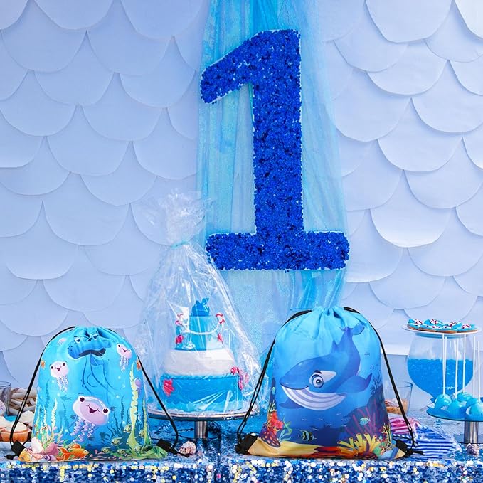 Sanwuta 18 Pcs Under the Sea Party Favor Bags Goodie Ocean Gift Drawstring Bags Beach Sea Animal Candy Treat Drawstring Backpack for Summer Birthday Party Decor Baby Shower Supplies (Classic Style)