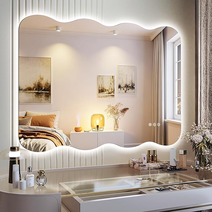 Hasipu Wavy Full Length Mirror with Lights - 40"×32" LED Wavy Floor Mirror, Frameless, Dimmable, Standing or Vertical/Horizontal Wall-Mounted Mirror for Bedroom, Living Room, Cloakroom