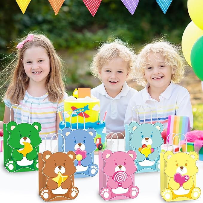 MinFyberd Cute Bear Party Favor Bags Cute Bears Paper Gift Bags with Handle Bear Goodie Candy Treat Bag Colorful Bears Birthday Party Decorations for Boy Girl Kids Birthday Baby Shower Supplies(12Pcs)