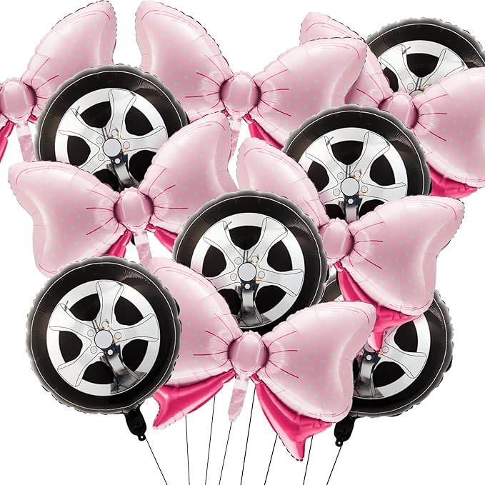 12 Pieces Burnouts or Bow Foil Balloons Black Car Wheel Gender Reveal Pink Polka Dots Balloons for Baby Shower Gender Reveal Wedding Birthday Party Decoration