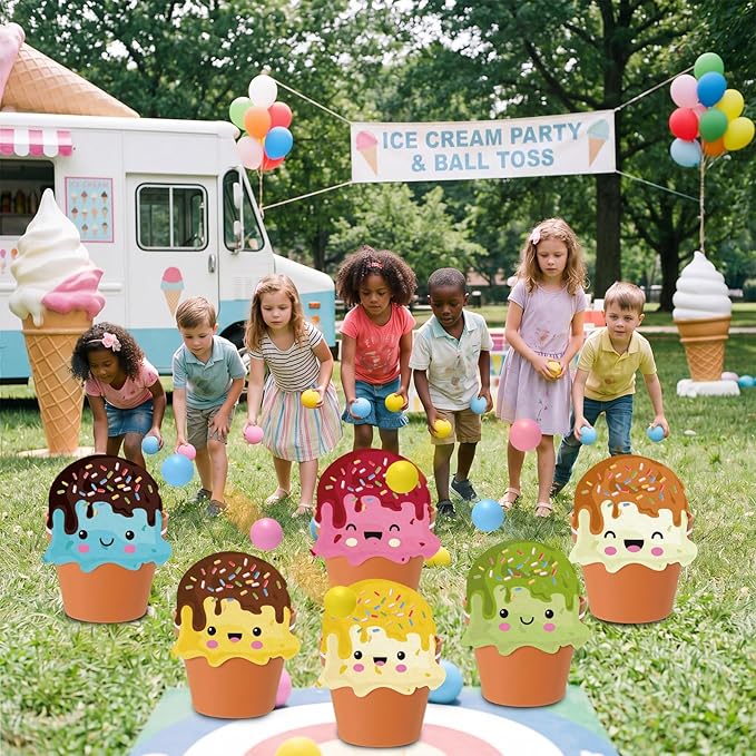 Ice Cream Toss Ball Game with 6 Plastic Flower Pots 12 Ice Cream Decor 12 Balls Toss Play Set Icecream Games Indoor Outdoor Games Family Summer Activities Carnival Prizes