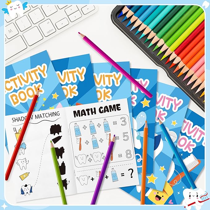 Tooth Activity Books for Kids - 24Pcs Cute Tooth Fairy Mini Games Coloring Book Set Bulk Cartoon Novelty Teeth Themed Mazes Word Search Word Scramble Games for Classroom DIY Art Gifts Party Favors