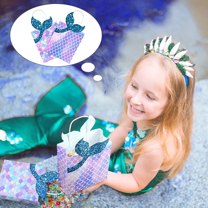 Leinuosen 16 Pcs Mermaid Party Favor Bags Mermaid Gift paper Bags with Handles Princess Theme Birthday Decoration Treat Candy wrap packs for Baby Shower Birthday Pool Party Supplies
