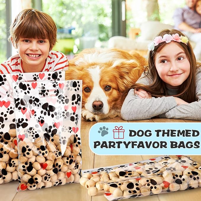 Pasimy 100 Pcs Puppy Dog Paw Gift Bags Plastic Paw Treat Goodie Bags with Handles 9 x 12 Inch for Birthday Holiday Party Favor Supplies Shopping Gift Merchandise Grocery Home Using (Black Red)