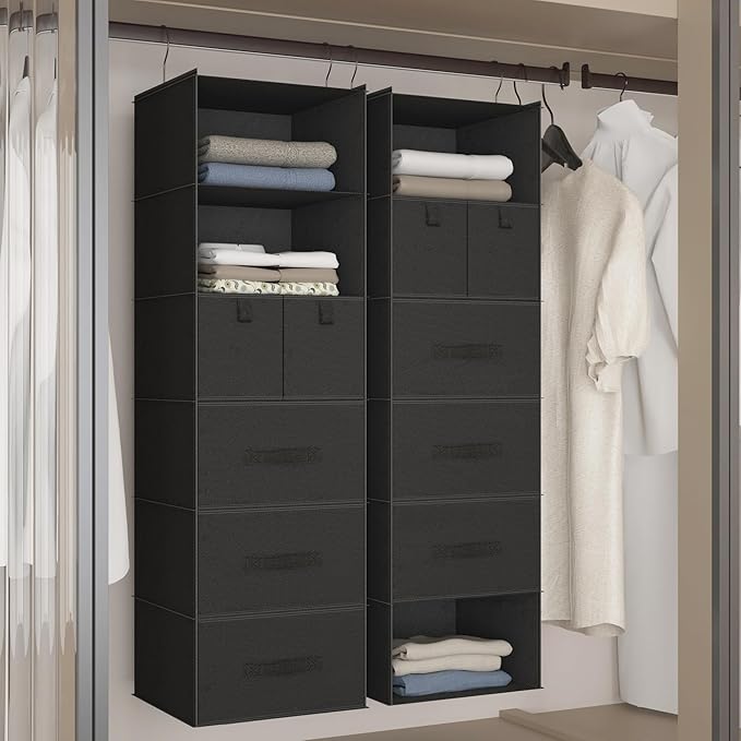6-Shelves Hanging Closet Organizer with 5 Different Drawers, Foldable Closet Organizers and Storage for Wardrobe, Closet& RV, Clothes and Accessories Storage, Non-Woven Fabric, Black