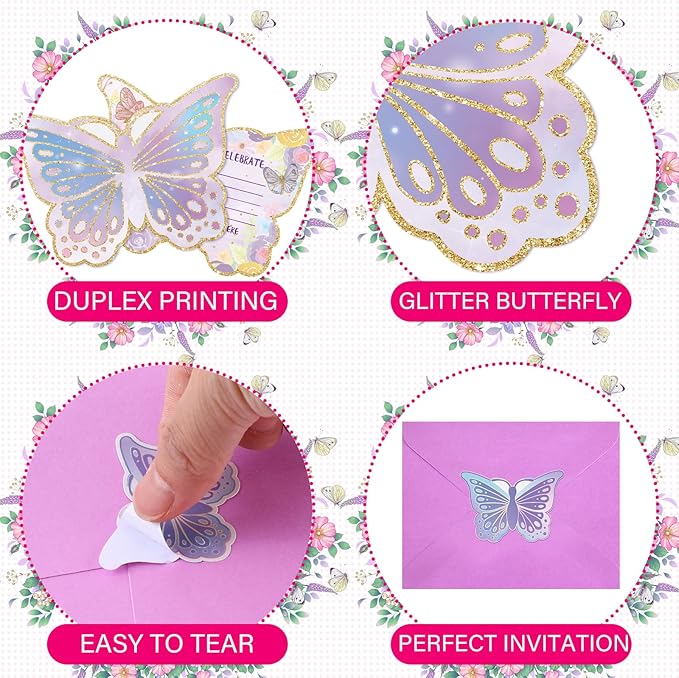 Hotop 24 Sets Butterfly Birthday Invitations with Envelopes and Stickers for Girls Party Invitations for Kids Birthday Baby Shower Party