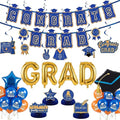 Blue Orange Gold Balloons GRAD Print Balloons with Banner Table Honeycomb Centerpieces Hanging Swirl star GRAD Letters Mylar Balloons for 2026 graduate Prom Decorations