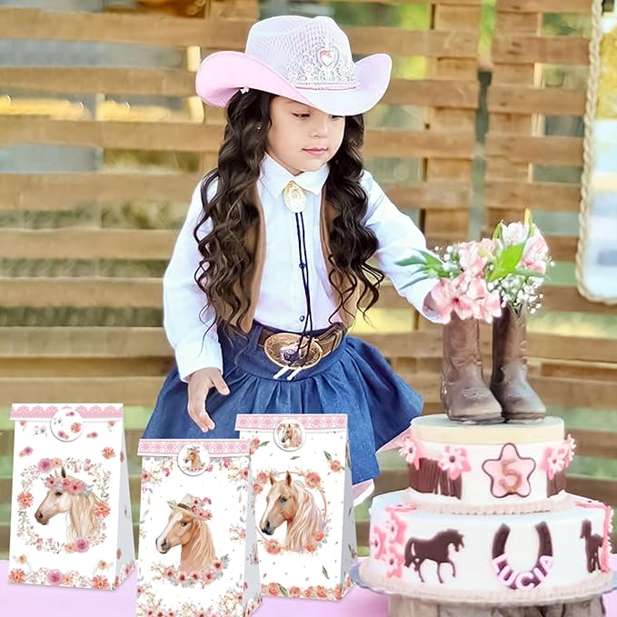 BACH AND BOOZY 12 PCS Horse Party Favors Supplies Horse Party Bags Boxes Cowboy Gift Box Cookies Snacks Bags for Western Cowboy Cowgirl Themed Baby Shower